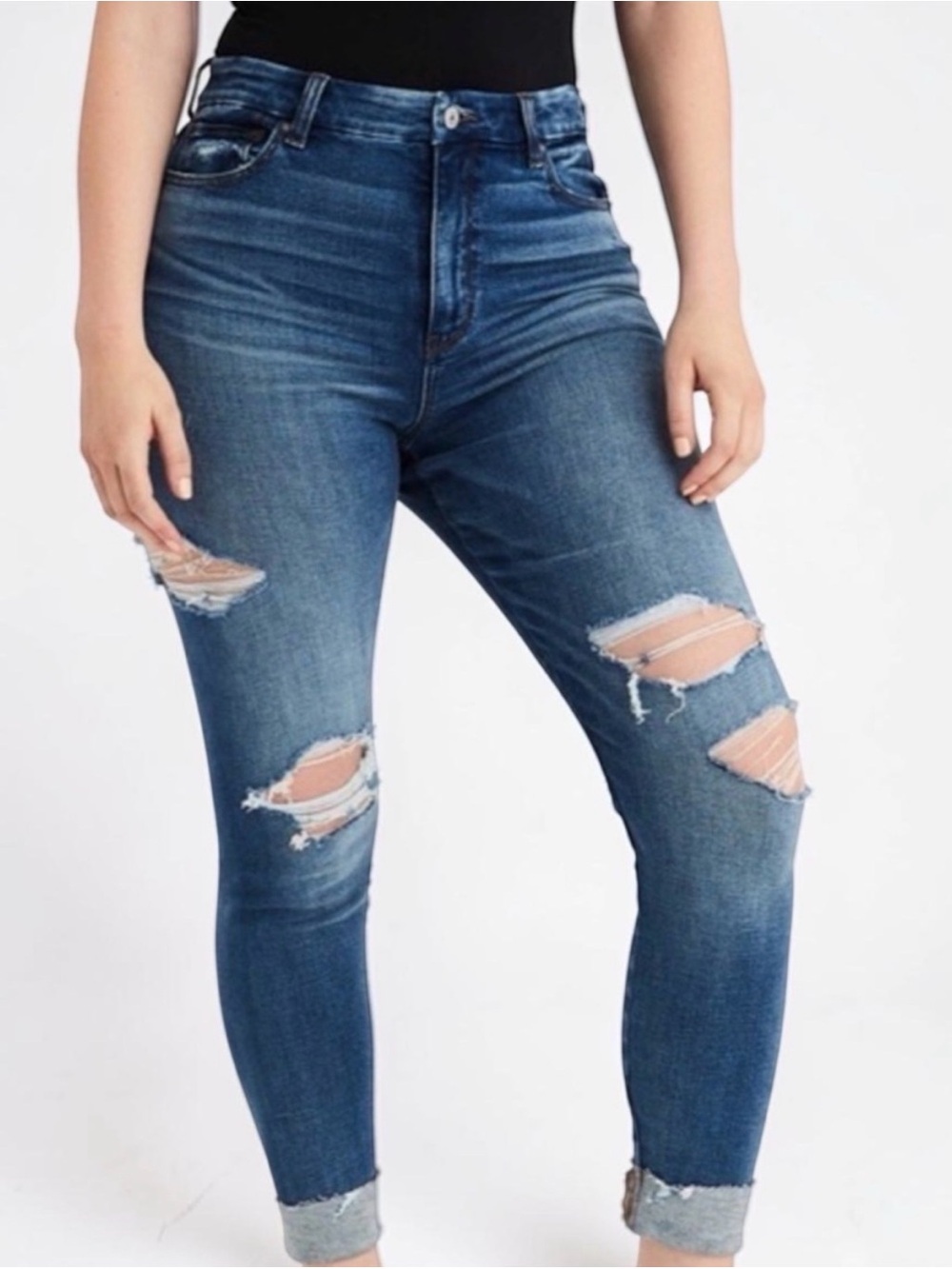 American Eagle Outfitters Distressed High-Rise Skinny Jeans - Dark Blue